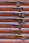Several fishing rods hanging on cabin wall outside, Lake Clark National Park and Preserve, Alaska Art Print